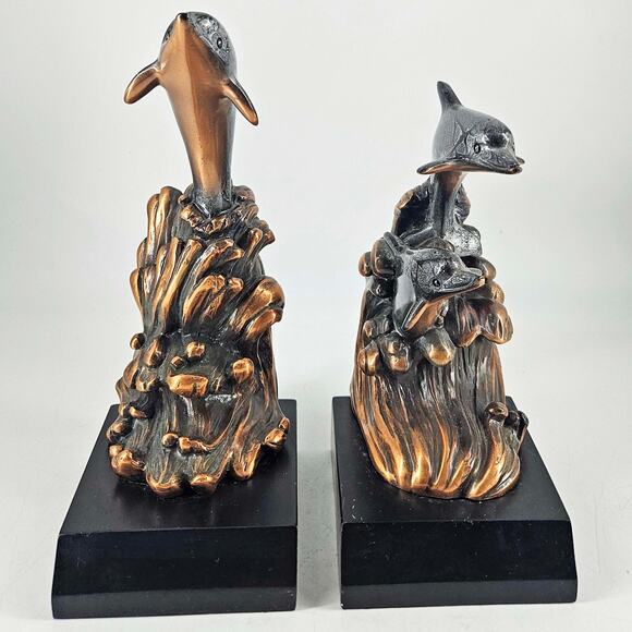 Vintage Pair Of copper Dolphin dolphins riding waves Bookends - Picture 2 of 4